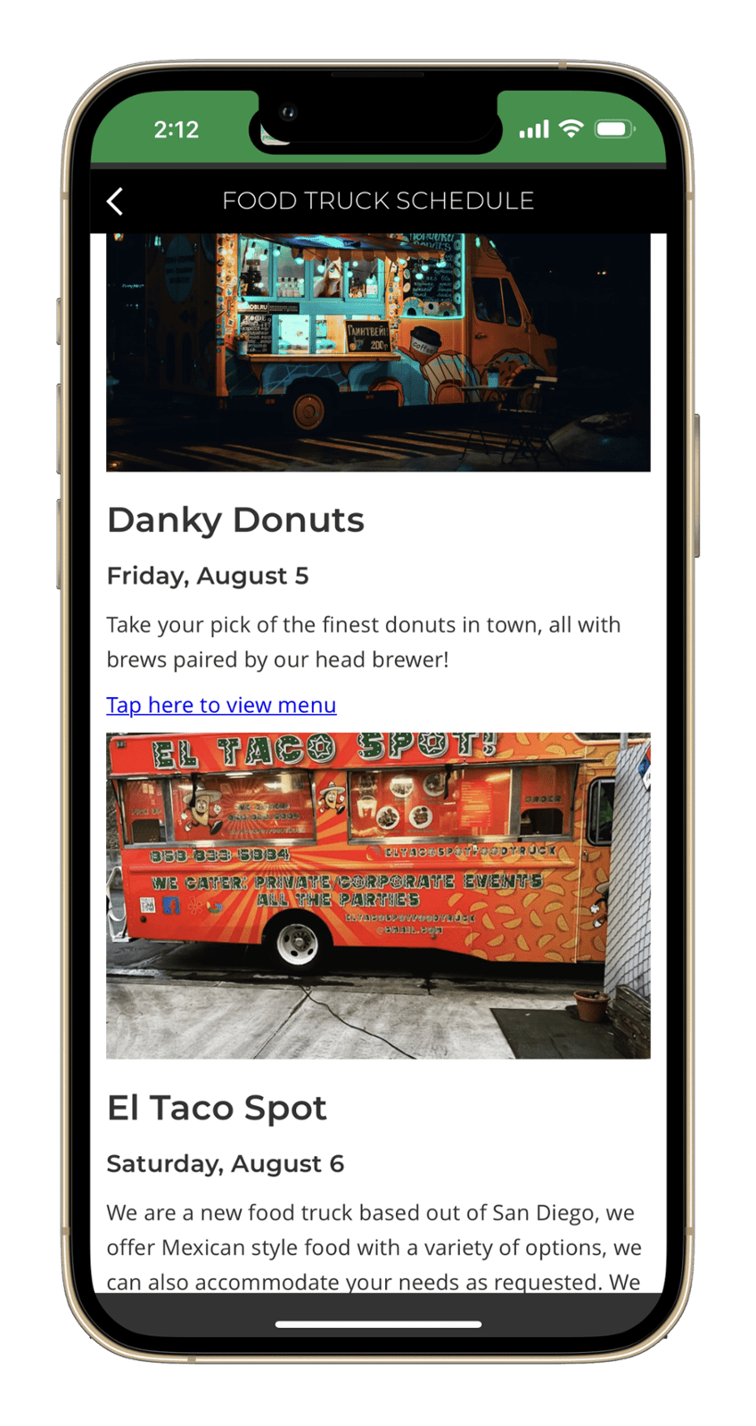 Brewery App, Showing a Food Truck Schedule